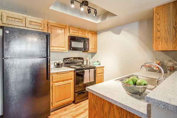 Kitchen featuring modern appliances and granite countertops in Sun River Village Apartments