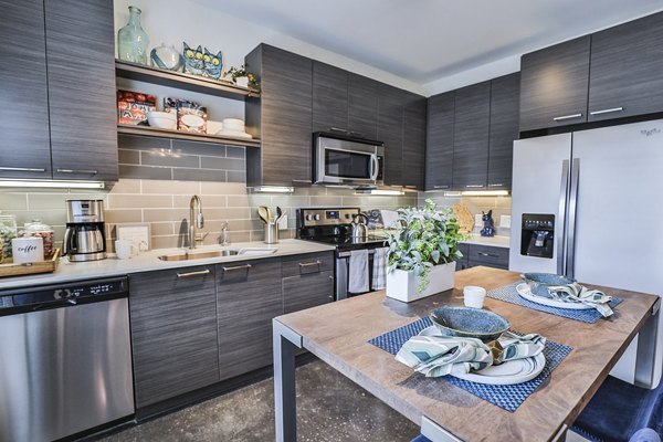 Modern kitchen with stainless steel appliances at Ayla Apartments