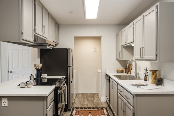 Modern kitchen featuring stainless steel appliances and granite countertops in Canyon Creek Apartments