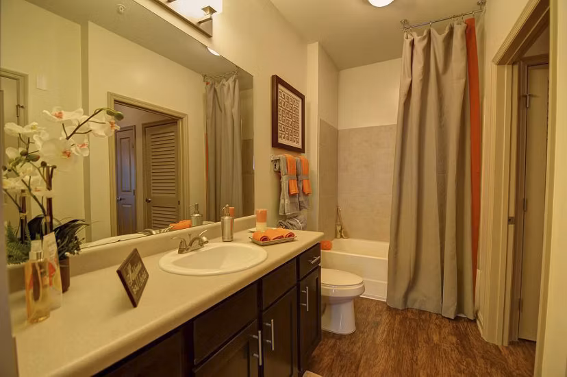 Bathroom featuring modern fixtures at Capital Place at Southwood Apartments, a luxury apartment community by Greystar