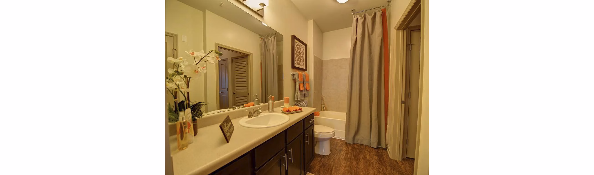 Bathroom featuring modern fixtures at Capital Place at Southwood Apartments, a luxury apartment community by Greystar
