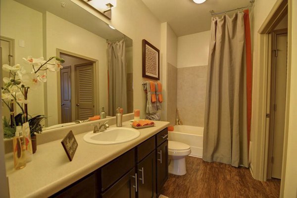 Bathroom featuring modern fixtures at Capital Place at Southwood Apartments, a luxury apartment community by Greystar