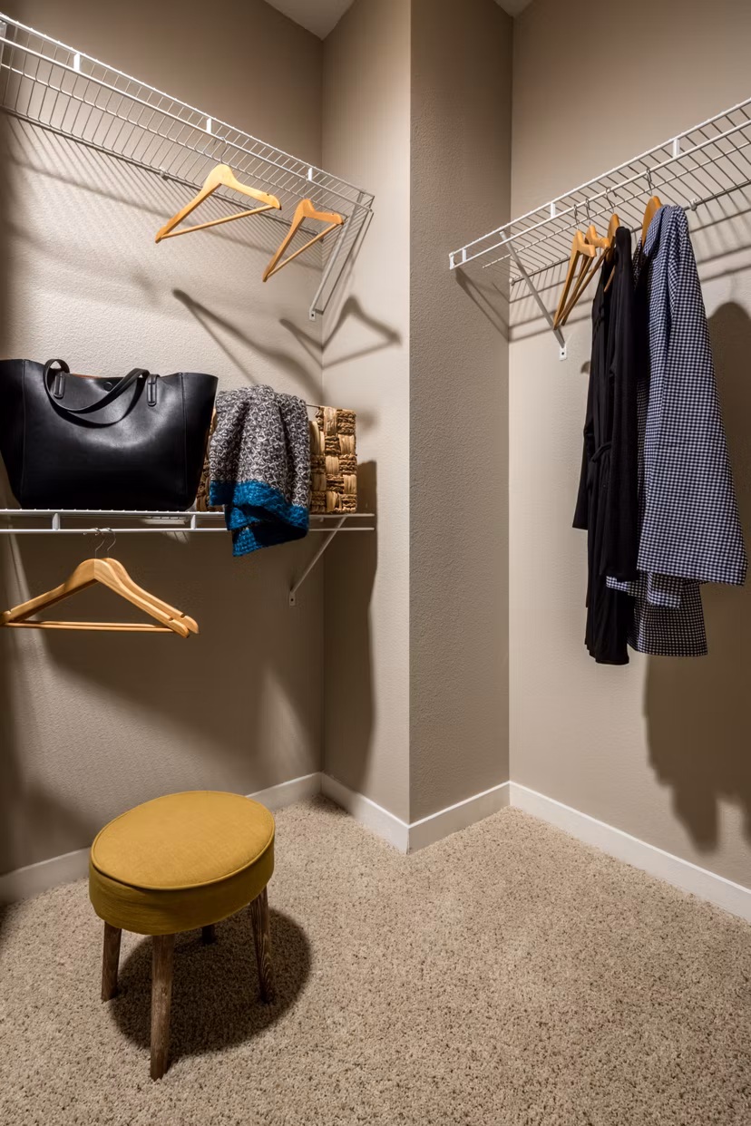 Closet with ample shelving and storage space at Montiavo Apartments
