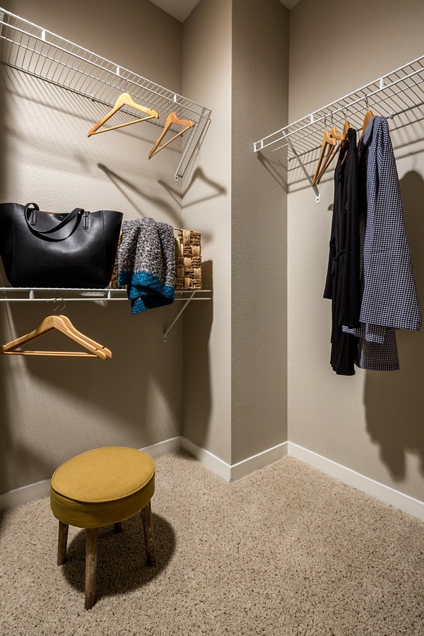 Closet with ample shelving and storage space at Montiavo Apartments