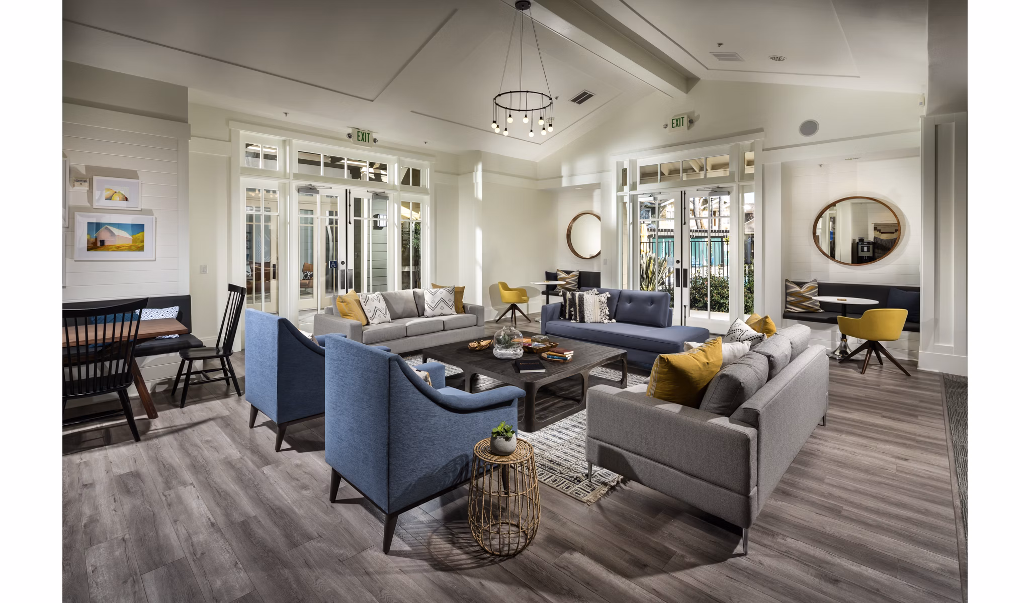 Stylish clubhouse at Montiavo Apartments with modern seating and entertainment options
