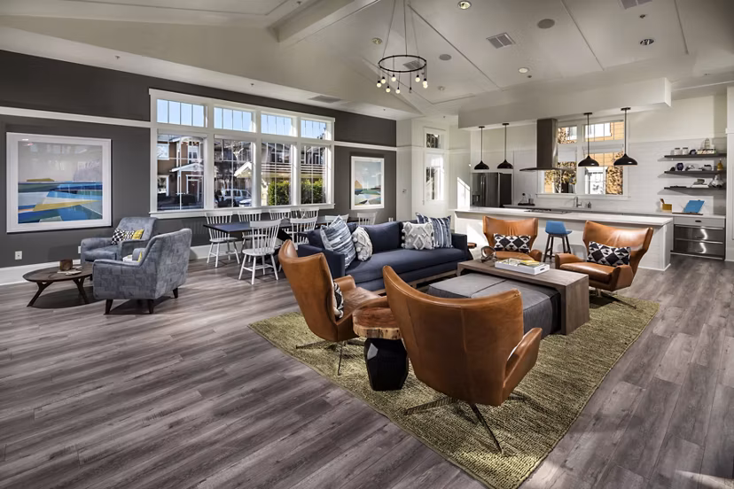 Clubhouse with modern furnishings at Montiavo Apartments near shopping and dining