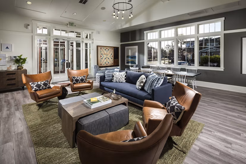 Elegant clubhouse with modern decor at Montiavo Apartments, a luxury community by Greystar in the heart of Santa Maria