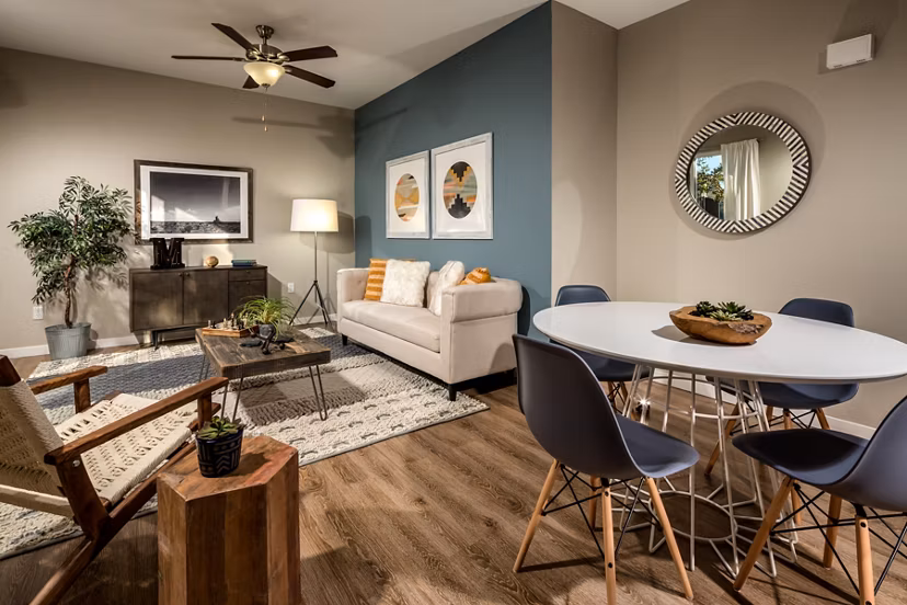 Dining area with modern furnishings at Montiavo Apartments, luxury Greystar community in Santa Maria, CA
