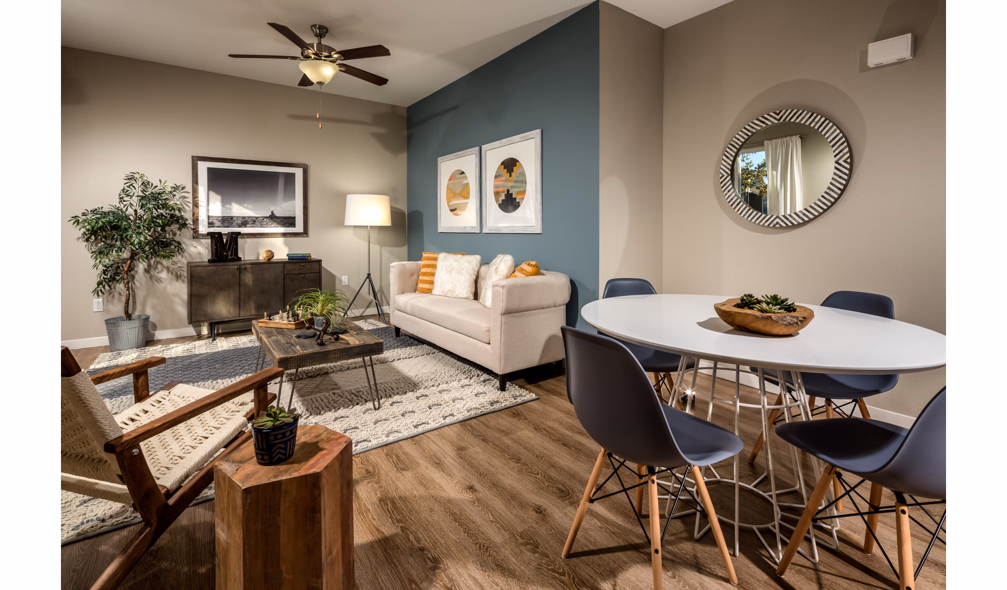 Dining area with modern furnishings at Montiavo Apartments, luxury Greystar community in Santa Maria, CA