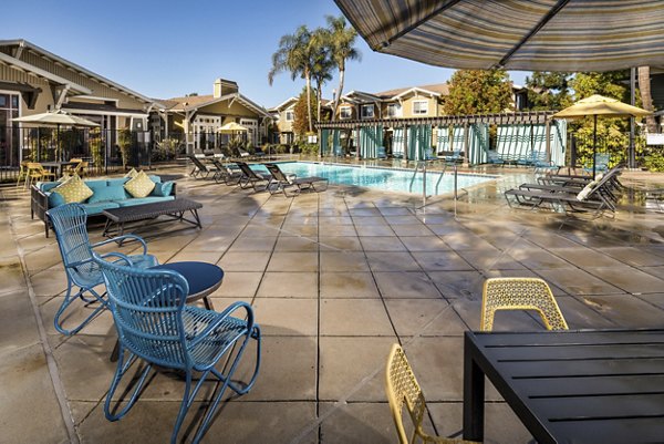 Poolside relaxation area at Montiavo Apartments, featuring luxurious seating and landscaping for a superior outdoor experience