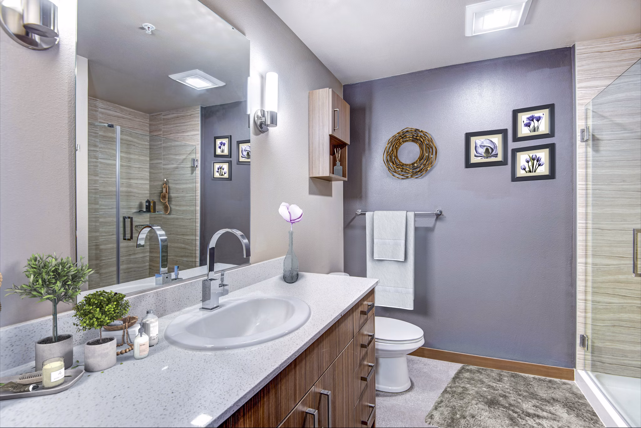 Modern bathroom with sleek fixtures at Cue Apartments