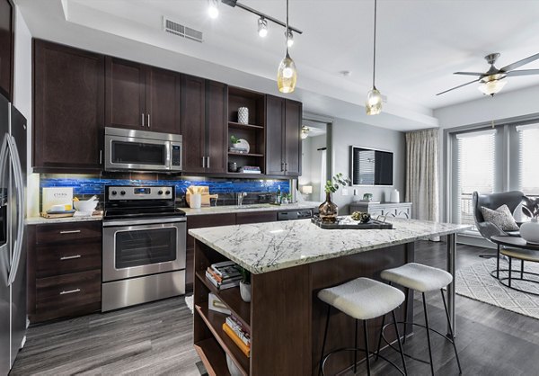 The Kenzie at The Domain Apartments: Modern kitchen with sleek countertops and stainless steel appliances