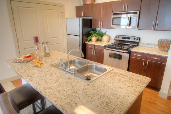 Modern kitchen with stainless steel appliances at Avana on the Platte Apartments