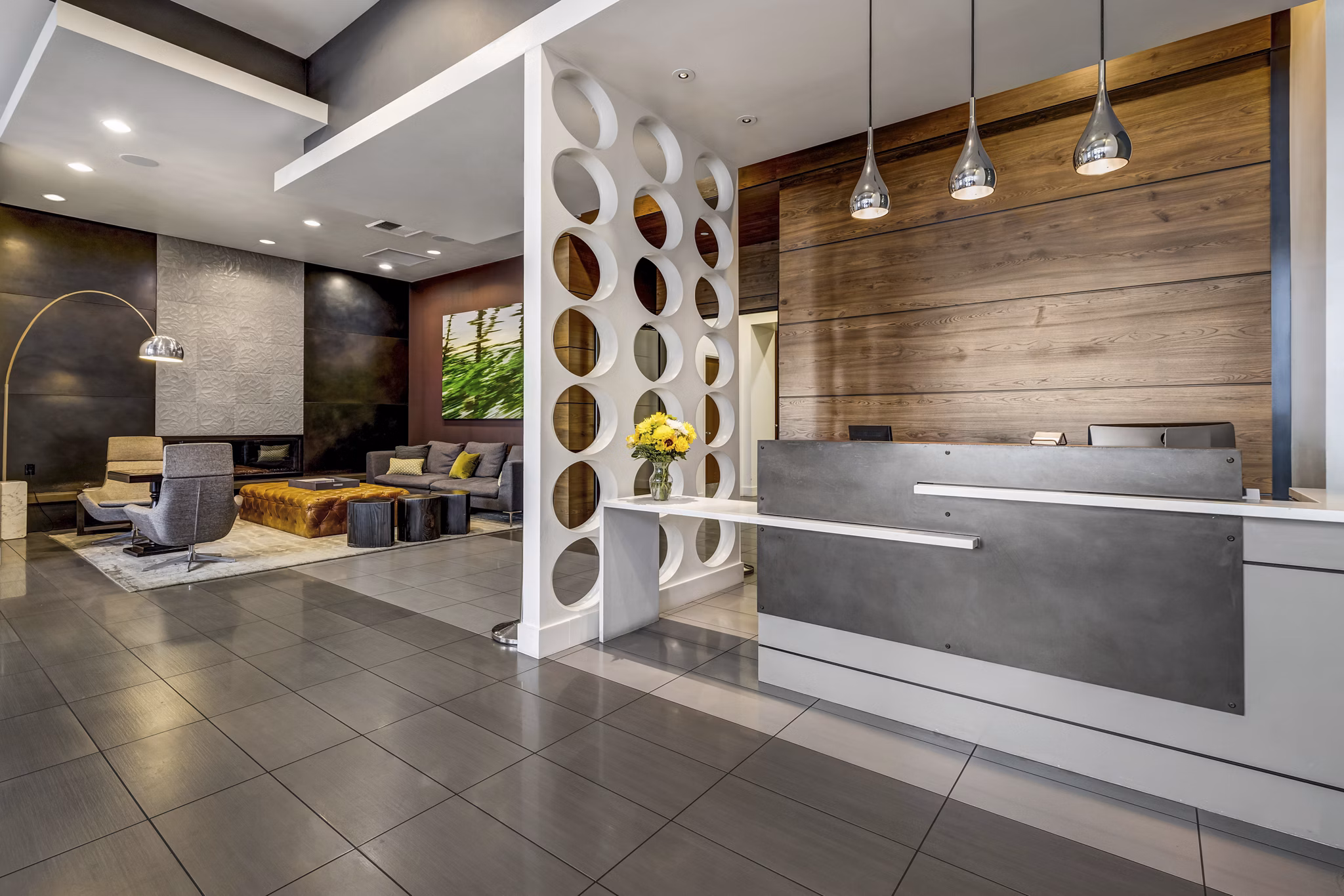 Chic clubhouse with modern decor at Viktoria Apartments, offering luxury amenities for social gatherings