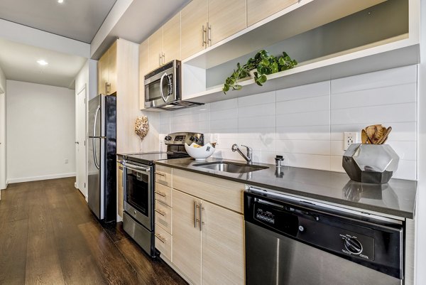 Modern kitchen featuring stainless steel appliances in Viktoria Apartments, Seattle luxury residences