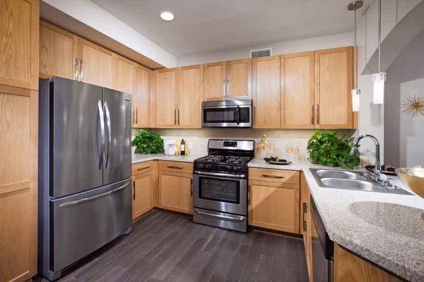 Modern kitchen with stainless steel appliances at Carlyle Apartments