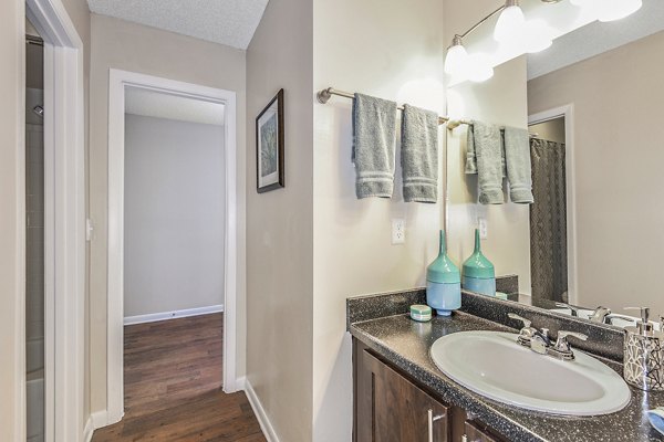 Modern bathroom with sleek countertops and large mirror in Lakeshore at Altamonte Springs Apartments