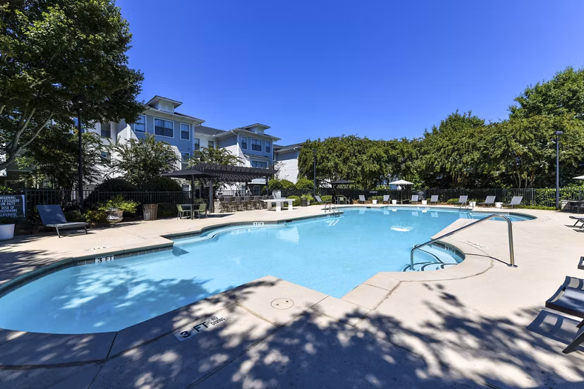 Inviting outdoor pool at Avana Ridenour Apartments with lounge seating and lush landscaping