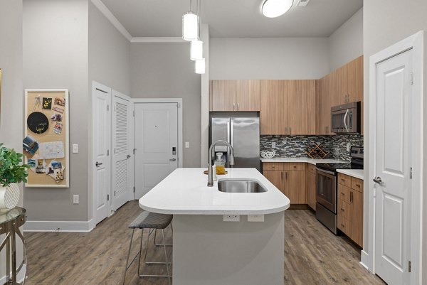 Modern kitchen with stainless steel appliances at Elan City Center Apartments, perfect for luxury living in thriving urban community