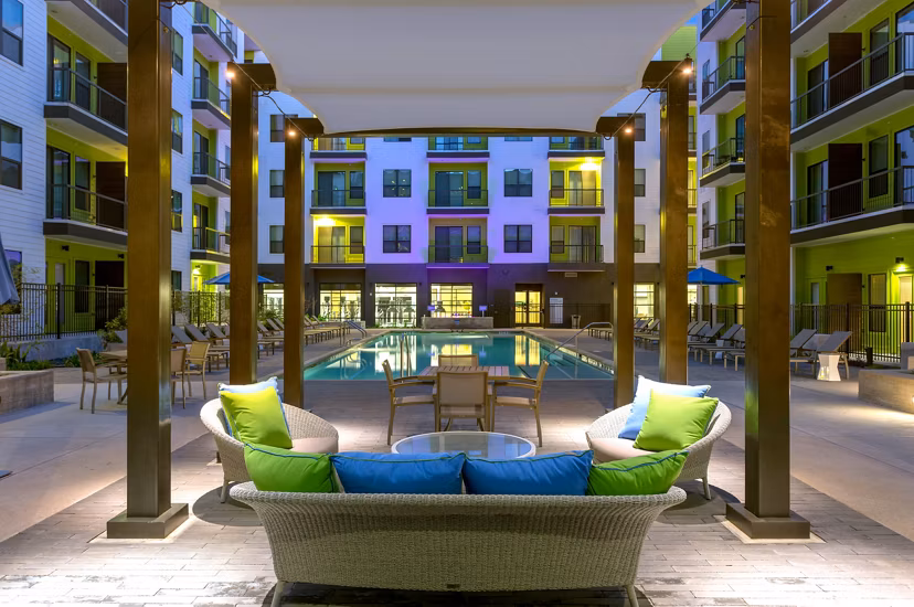 Infinity pool with lakeside views at Azul Lakeshore Apartments