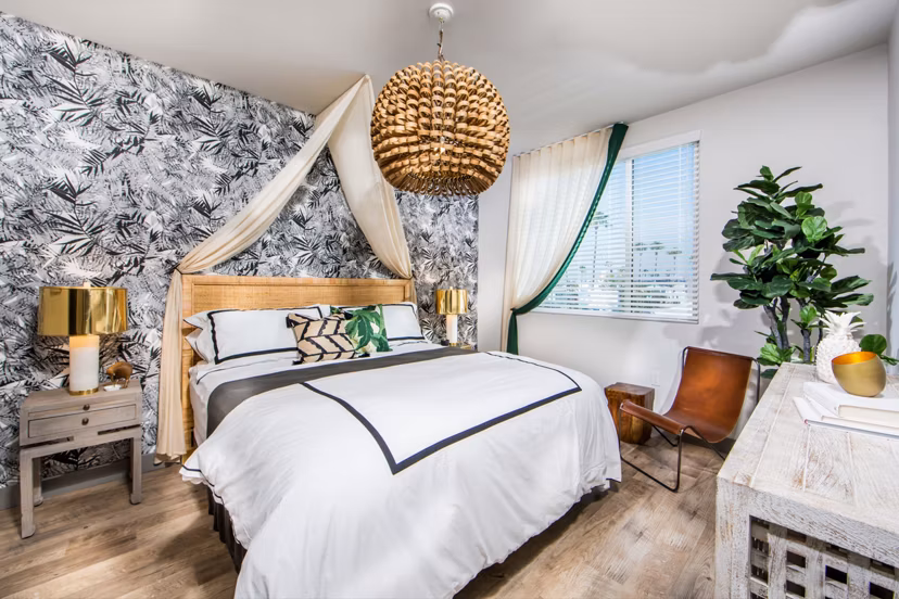 Cozy bedroom with modern decor in Access Culver City Apartments, luxury living in vibrant Los Angeles neighborhood