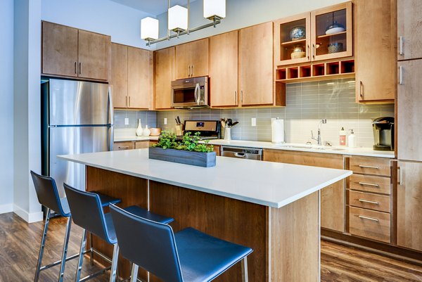 Modern kitchen with stainless steel appliances at The Island Residences at Carlson Center Apartments