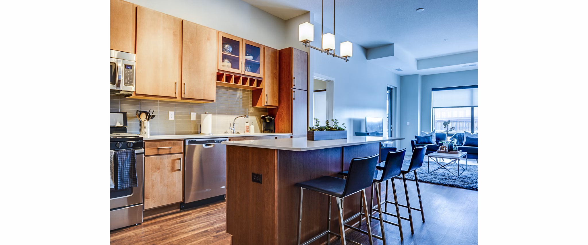 Modern kitchen with stainless steel appliances at The Island Residences at Carlson Center Apartments