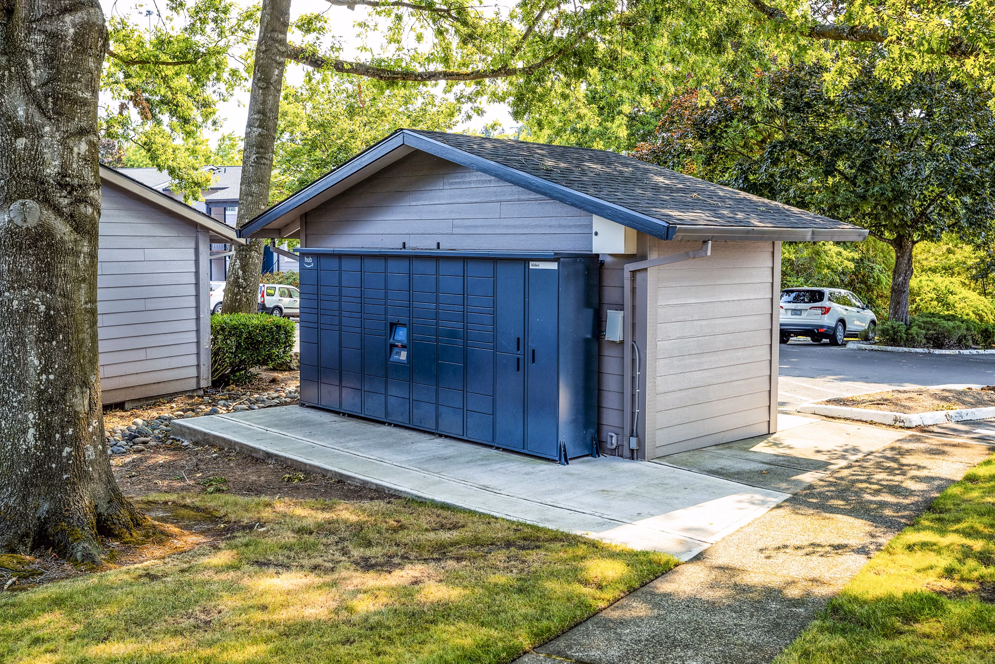 Parcel pickup lockers at The Alden Apartments offering secure package storage solutions for residents