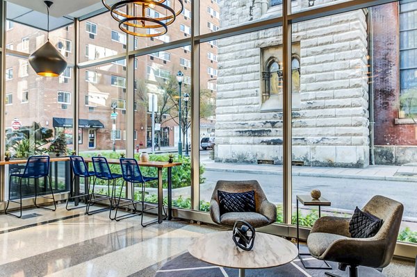 Clubhouse lobby with modern seating and decor at 2116 Chestnut Apartments