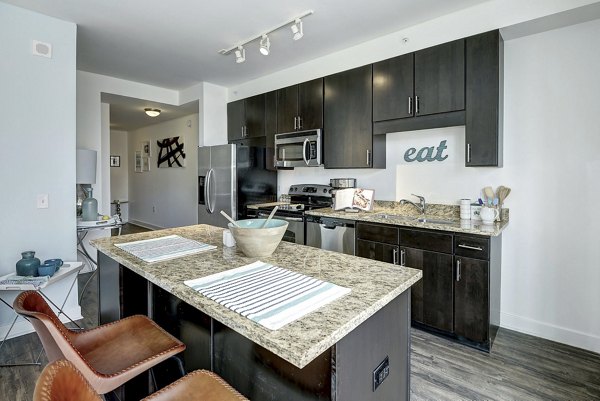 Modern kitchen with stainless steel appliances in 2116 Chestnut Apartments, luxury living spaces in a prime urban location
