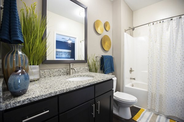 Bathroom featuring elegant fixtures and marble countertops at Residences at Brookline Apartments