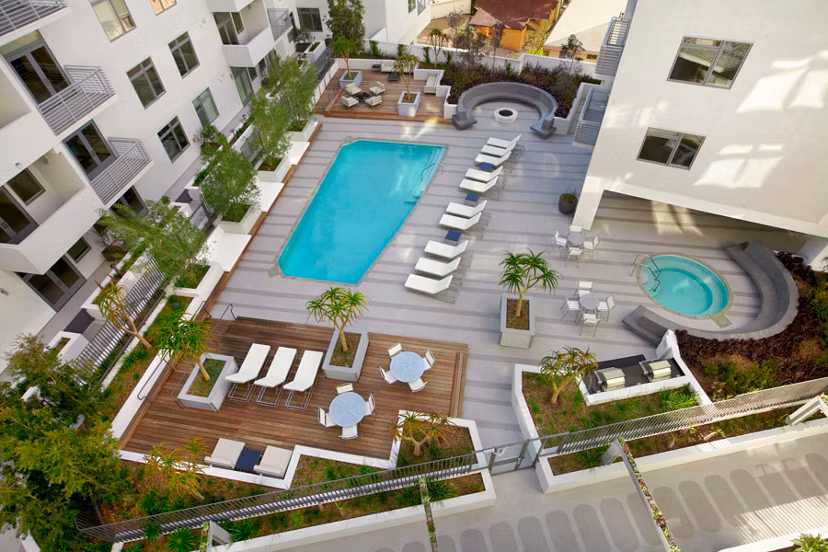 Rooftop pool with city views at The Avenue Hollywood Apartments