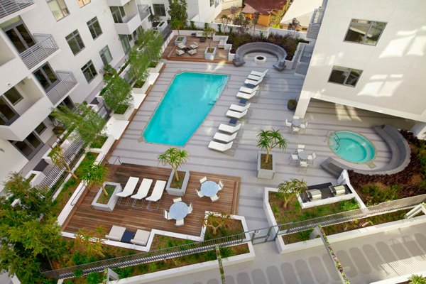 Rooftop pool with city views at The Avenue Hollywood Apartments