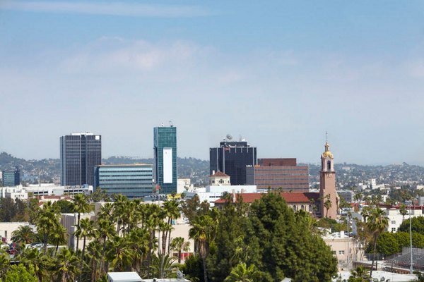 The Avenue Hollywood Apartments: Scenic view from a luxury high-rise balcony showcasing city lights and skyline