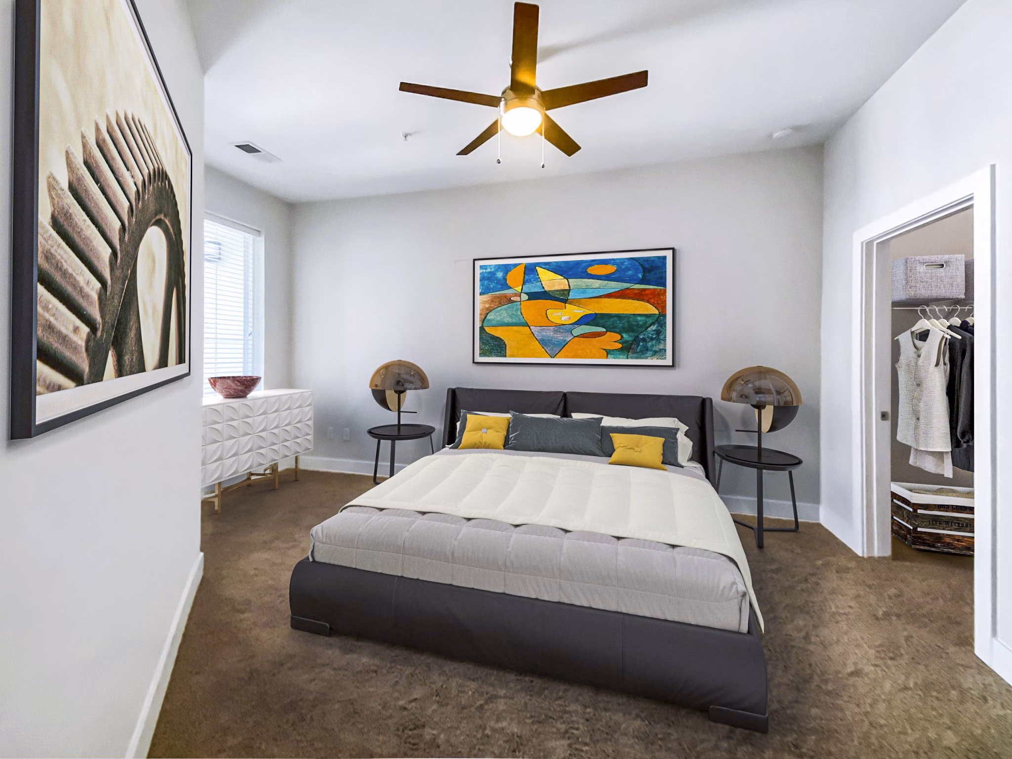Modern bedroom with stylish decor at Presley Uptown Apartments