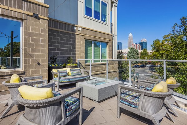 Inviting fire pit area on the patio at Presley Uptown Apartments