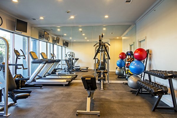 State-of-the-art fitness center featuring modern equipment at The Cabochon at River Oaks Apartments in Houston, TX