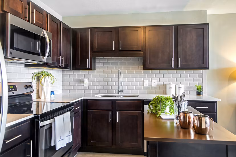 Modern kitchen with stainless steel appliances at The Cabochon at River Oaks Apartments