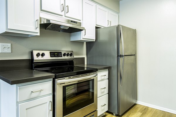 Modern kitchen featuring sleek countertops and stainless steel appliances in Madrid Apartments