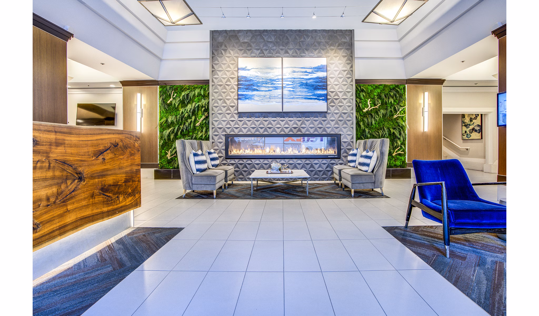 Luxurious clubhouse lobby with modern decor at The Towers at Rincon Apartments in San Francisco