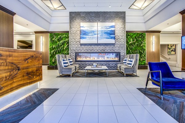 Luxurious clubhouse lobby with modern decor at The Towers at Rincon Apartments in San Francisco