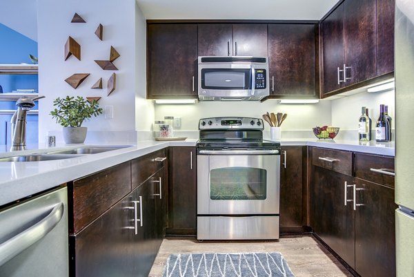 Contemporary kitchen with stainless steel appliances at The Towers at Rincon Apartments