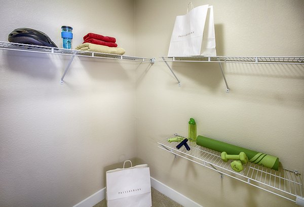 Modern bathroom with walk-in closet in RockVue Apartments, luxury living near Denver