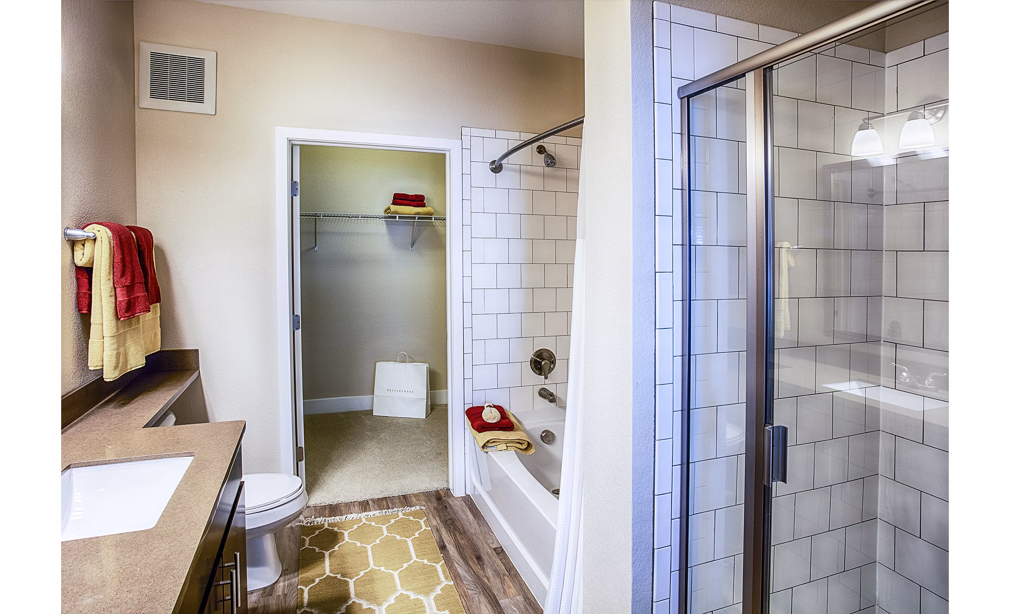 Luxurious bathroom with marble countertops and modern fixtures at RockVue Apartments in Broomfield