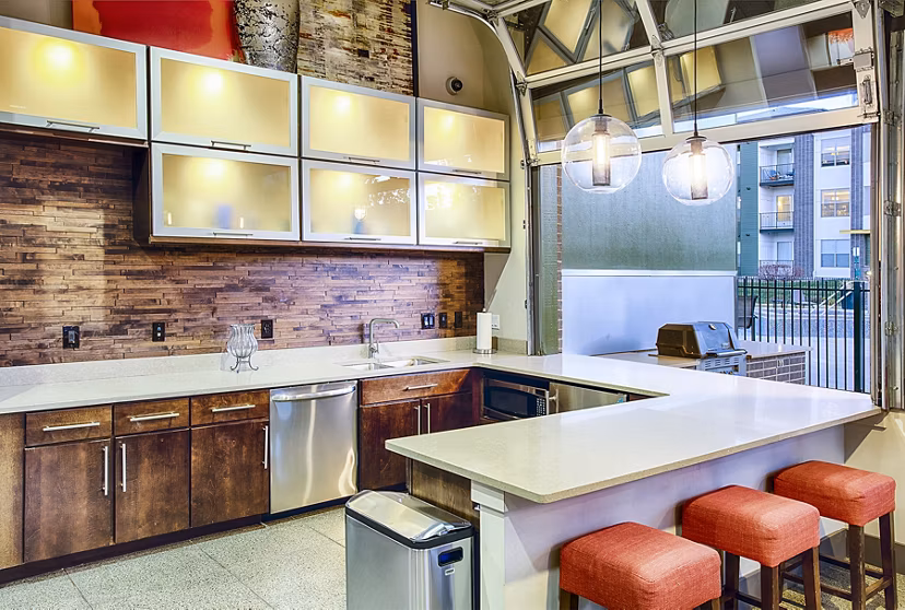 Modern clubhouse lobby featuring stylish seating and contemporary decor at RockVue Apartments