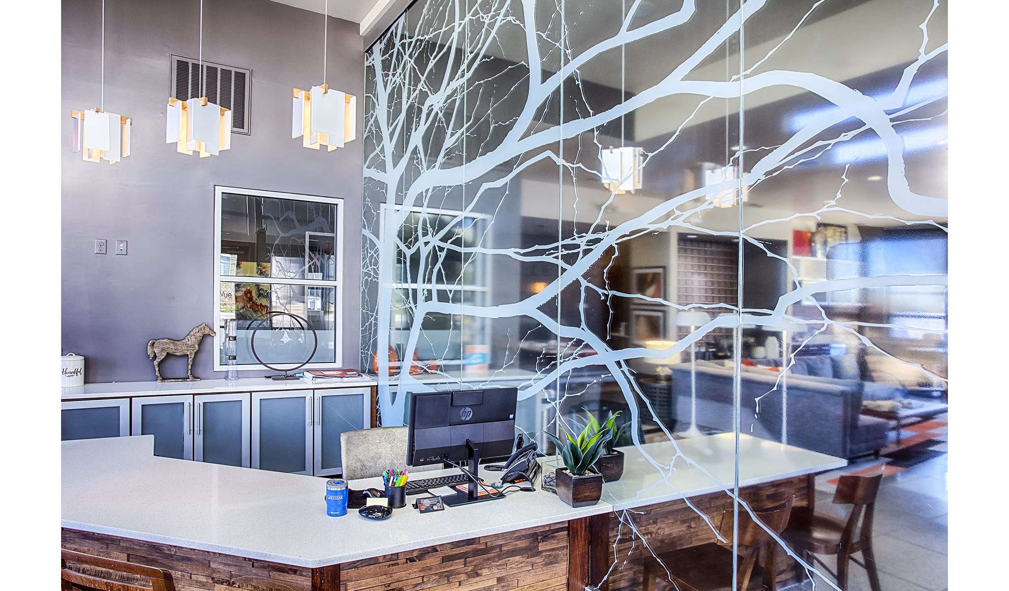 Clubhouse interior featuring modern design elements at RockVue Apartments