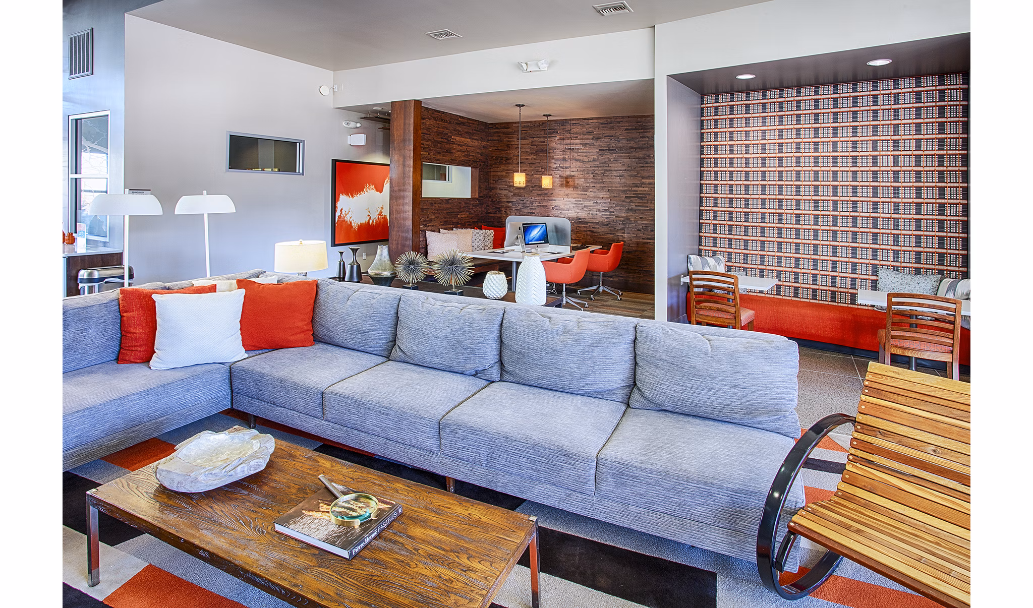 Clubhouse lobby featuring modern decor and spacious seating at RockVue Apartments in Broomfield, perfect for luxury living experience