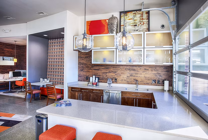 Clubhouse lobby with stylish seating and modern decor at RockVue Apartments, luxurious community living in booming Broomfield, CO