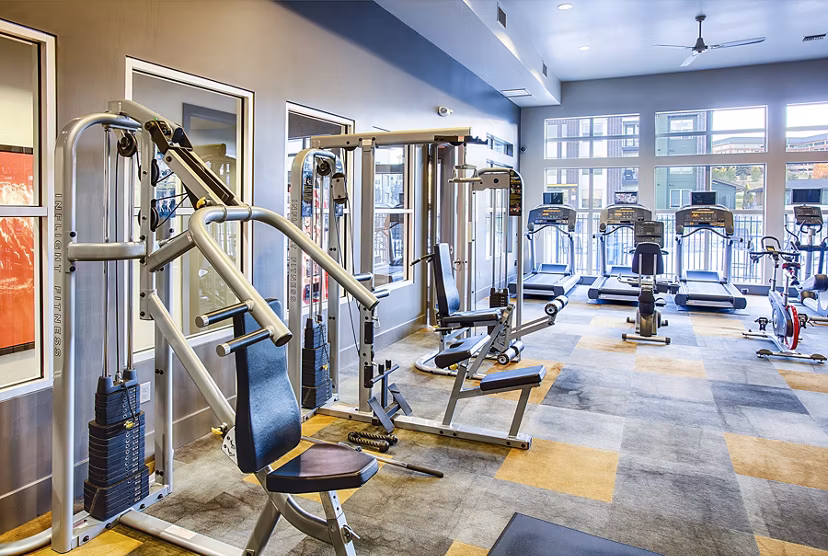 State-of-the-art fitness center with modern equipment at RockVue Apartments
