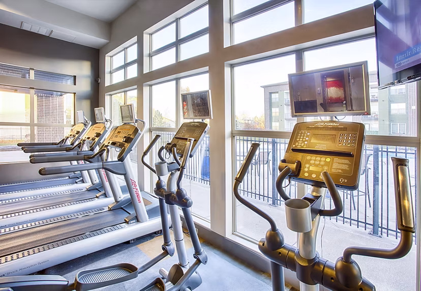 State-of-the-art fitness center with modern equipment at RockVue Apartments, perfect for an active lifestyle